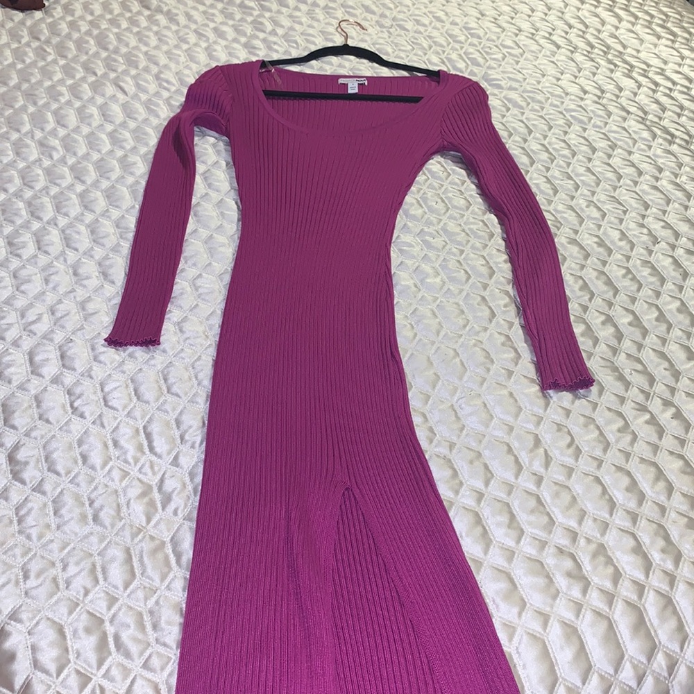 Fashion Nova Magenta Ribbed Long Sleeve Maxi Dress